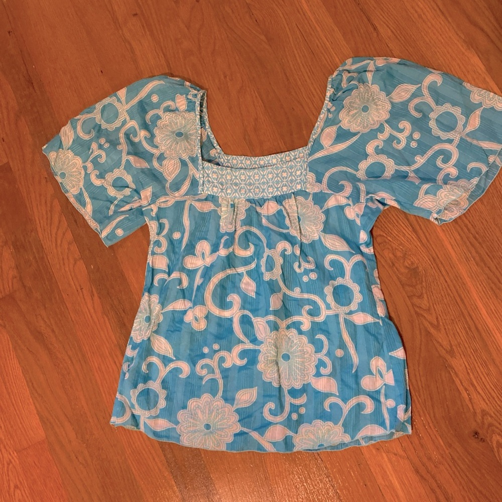 Trina Turk turquoise and white floral print top cotton/silk